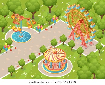 Amusement park in isometric design. Entertainment green park in daytime.Cityscape for kids with fun carousel and colorful ferris wheel. Green landscape with trees and grass. Vector illustration