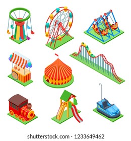 Amusement park isometric elements. Ferris wheel and circus tent, popcorn booth and roller coaster. Vector set