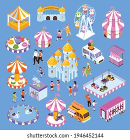 Amusement park isometric icon set with 3d attractions visitors food trucks tents isolated on blue background vector illustration