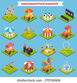 Amusement park isometric icons set with 3d ferris-wheel ice cream and balloons isolated vector illustration