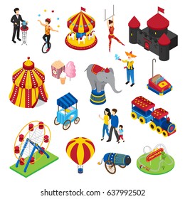 Amusement park isometric set with circus artists, attractions, horror house, street food, balloon, visitors isolated vector illustration