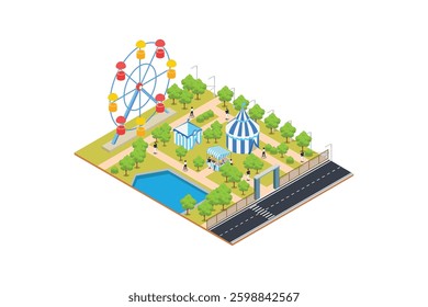 Amusement park isometric vector concept. Happy people in amusement park white background