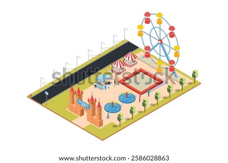 Amusement park isometric vector concept. Happy people in amusement park white background