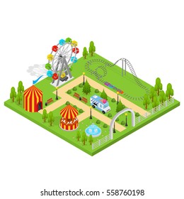 Amusement Park Isometric View Design Element for Urban Landscape Leisure and Recreation for Family. Vector illustration