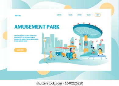 Amusement Park for Kids Advertising Landing Page. Cheerful Children Riding Attractions. Little Girls Jumping on Trampoline, Cycling and Riding Toy Train. Happy Childhood. Vector Illustration