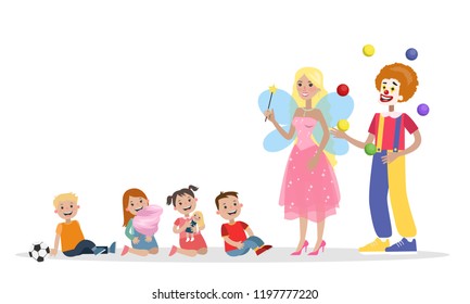 Amusement park with kids eating cotton candy and carousels on the background. Children having fun with clown and woman in fairy costume. Flat vector illustration