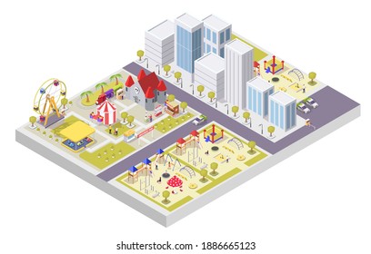 Amusement park and kids playground attractions flat vector isometric illustration. Carousel medieval castle ferris wheel circus tent bumper cars ride area, swing, trampoline, sandbox. Outdoor workout.