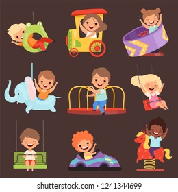 Amusement park kids. Playing happy and funny childrens boys and girls in attractions ride friends vector cartoon people