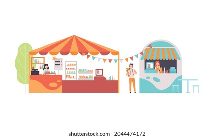 Amusement Park Kiosk and Tent with Woman at Counter Selling Food and Snack Vector Set