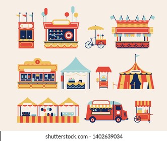 Amusement park kiosks, carts, and tents with food, snacks, ice cream, sweets, gifts and souvenirs. Summer fair or street market festival decorative items