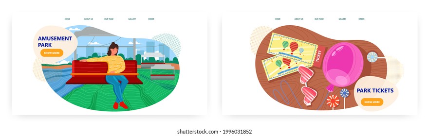 Amusement park landing page design, website banner vector template set. Carnival, funfair. Entrance tickets, balloons.