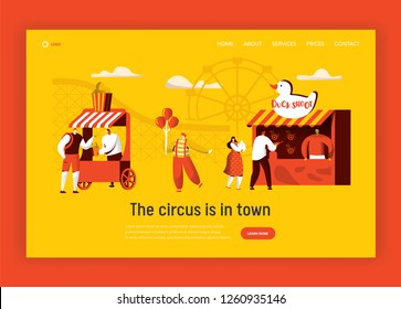 Amusement Park Landing Page Template. Coaster rides, Circus Happy Clown Character with Balloon Concept for Website or Banner. Fun Entertainment Playground. Flat Cartoon Vector Illustration