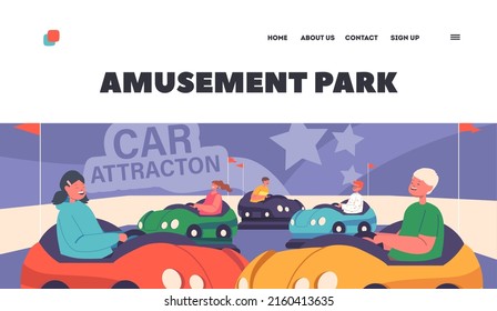 Amusement Park Landing Page Template. Children Having Fun at Bumper Car Attraction at Funfair or Carnival Entertainment. Kids Characters Riding Colored Dodgem Carts. Cartoon People Vector Illustration