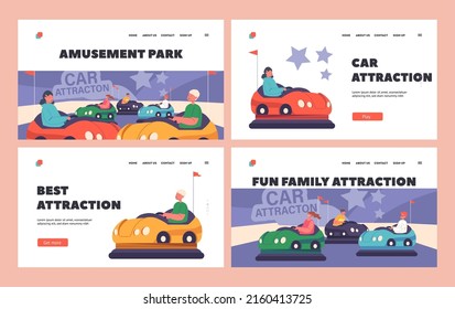 Amusement Park Landing Page Template Set. Children Having Fun at Bumper Car Attraction at Funfair or Carnival Entertainment. Kids Characters Riding Dodgem Carts. Cartoon People Vector Illustration