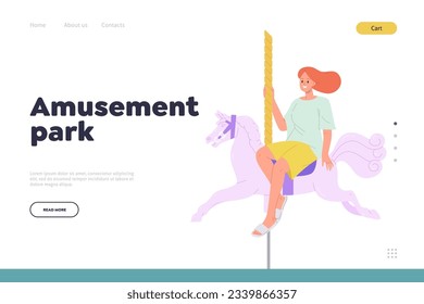 Amusement park landing page template with happy young woman riding marry-go-round carousel design