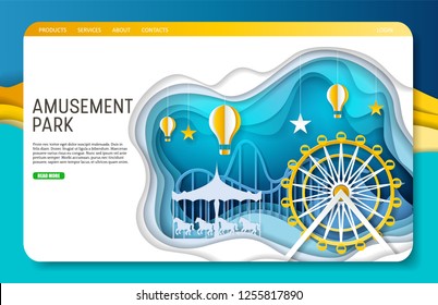 Amusement park landing page website template. Vector illustration of ferris wheel, carousel and hot air balloons in paper art style. Entertainment concept.