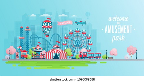 Amusement park landscape banner with carousels, roller coaster and air balloon. Circus, Fun fair and Carnival theme vector illustration.