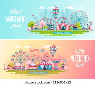 Amusement park landscape banners with carousels, roller coaster and air balloon. Circus, Fun fair and Carnival theme vector illustration.