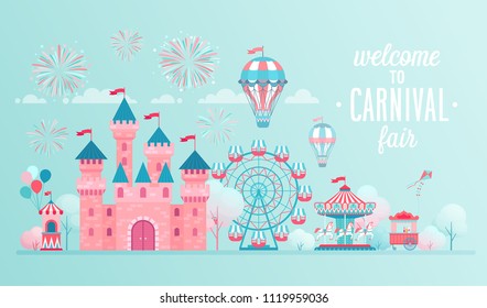 Amusement Park Landscape Banners With Castle, Carousels And Air Balloon. Circus, Fun Fair And Carnival Theme Vector Illustration.