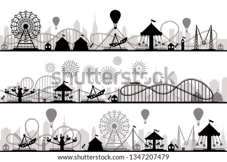 Amusement park landscape. Carnival roller coasters silhouettes, festive carousel and ferris wheel parks. Vacation amusements, carnival entrance or invitation flyer vector silhouette illustration