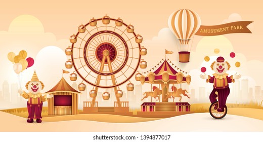 Amusement Park Landscape with Carousels, Wheel Ferris Fun Fair, Air balloon with Banner, Funny Clowns Nose or Jester party Circus Costume, Clown Comedian juggler, Day Scene festival, Paper art vector