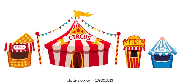 Amusement park, a landscape with a circus, carnival, attraction and entertainment, ice cream stall, waffles, ticket office. Vector illustration, isolated, cartoon style, banner, flyer