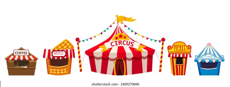 Amusement park, a landscape with a circus, carnival, attraction and entertainment, ice cream stall, drinks tent, waffles, ticket office. Vector illustration, isolated, cartoon style, banner, flyer