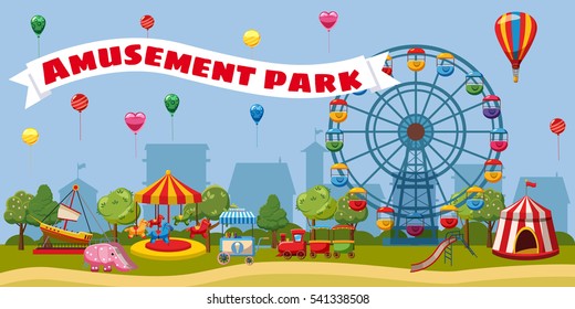 Amusement park landscape concept theme. Cartoon illustration of amusement park landscape. Carnival ferris and kids vector concept for web