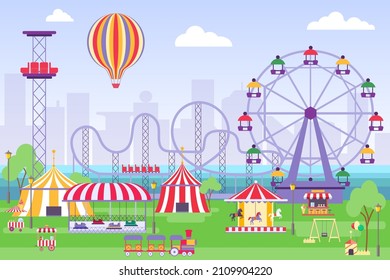 Amusement park landscape with ferris wheel, circus tents and carousels. Flat fun fair with roller coaster and merry-go-round vector concept. Summer activities for entertainment in park