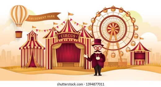 Amusement Park Landscape with Ferris wheel,Circus Tents,Carnival Fun Fair,Air balloon with Banner, Circus Barker with Hat, Glasses and Mustache, Day Scene festival, Paper art vector and illustration