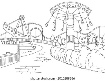 Amusement park landscape graphic black white sketch illustration vector 