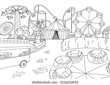 Amusement park landscape graphic black white sketch illustration vector 