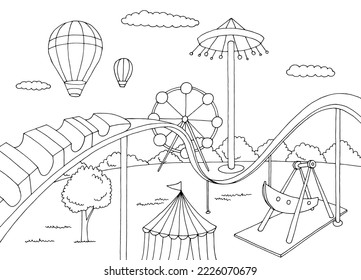 Amusement park landscape graphic black white sketch illustration vector 