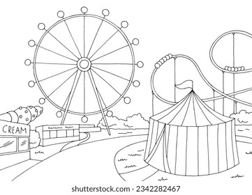 Amusement park landscape graphic black white sketch illustration vector 