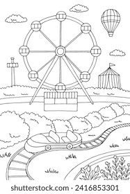 Parc de diversión paisaje gráfico de dibujo vertical blanco negro ilustración vector 