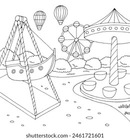 Amusement park landscape graphic black white sketch illustration vector 