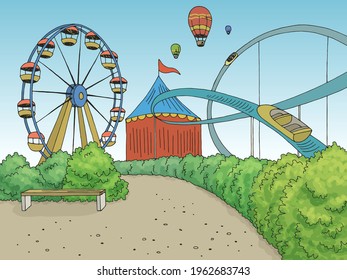 Amusement Park Landscape Graphic Color Sketch Illustration Vector 