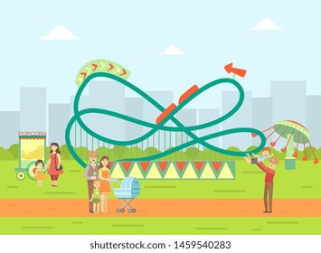 Amusement Park Landscape, Parents and Their Kids Relaxing and Walking in Nature Vector Illustration