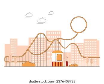 Amusement park landscape with roller coaster, summer fun fair festival. Character design. Vector flat illustration