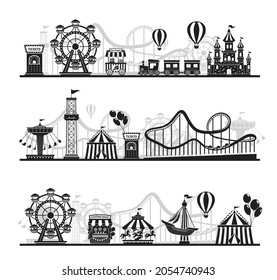 Amusement park landscape silhouette, carnival fairground rides. Roller coaster, carousel, horizontal funfair attraction vector background set. Funny and exciting leisure entertainment