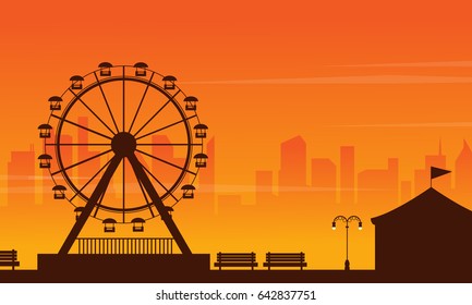 Amusement park landscape at sunset