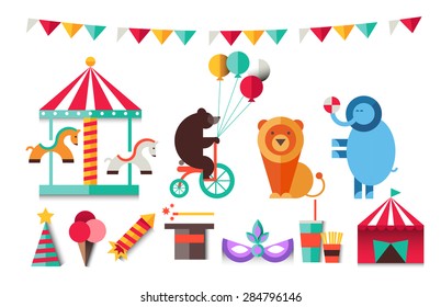 Amusement park landscapes, roller coasters, balloon, bear, lion,elephant, carousel horse, magic hat. Vacation. Vector flat  illustrations. ?ircus. Holiday.Attractions. The graphics for games