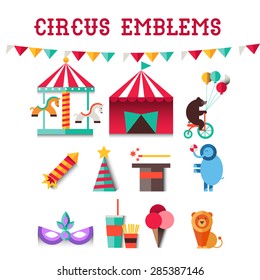 Amusement park landscapes, roller coasters, balloon, bear, lion,elephant, carousel horse, magic hat. Vacation. Vector flat  illustrations. ?ircus. Holiday.Attractions. The graphics for games