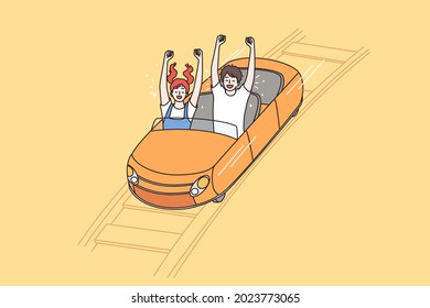 Amusement Park And Leisure Activities Concept. Happy Children Riding On Attractions In Kids Amusement Park With Hands Raised Up Vector Illustration 