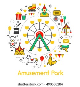 Amusement Park Line Art Thin Vector Icons Set with Ferris Wheel