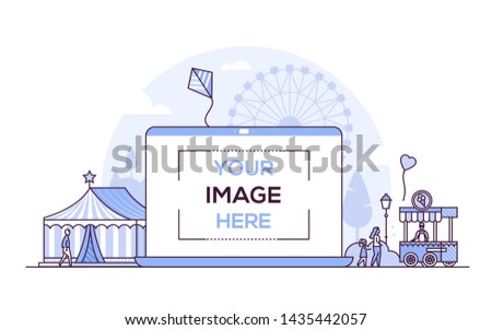 Amusement park - line design style vector illustration on white background. Purple colored composition with a big wheel, circus, ice cream cart. A laptop with place for your image on the screen