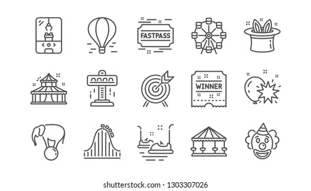 Amusement park line icons. Carousel, Roller coaster and Circus. Ferris wheel linear icon set.  Vector