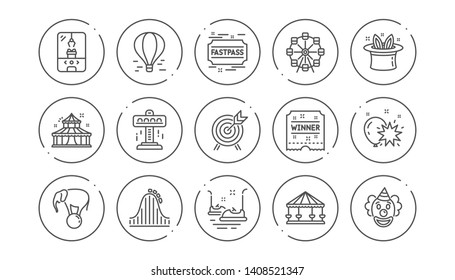Amusement park line icons. Carousel, Roller coaster and Circus. Ferris wheel linear icon set. Line buttons with icon. Editable stroke. Vector