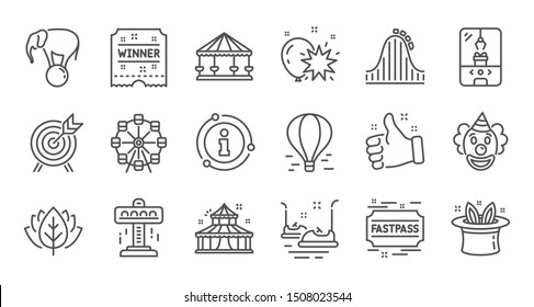 Amusement park line icons. Carousel, Roller coaster and Circus. Ferris wheel linear icon set. Quality line set. Vector