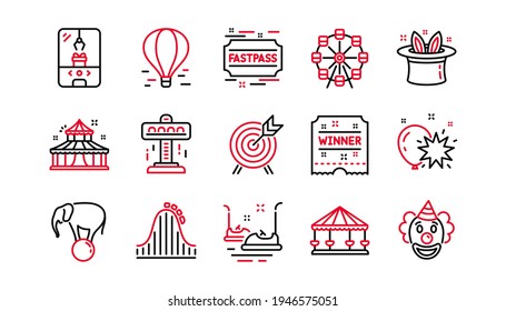 Amusement park line icons. Carousel, Roller coaster and Circus. Ferris wheel linear icon set. Linear set. Quality line set. Vector